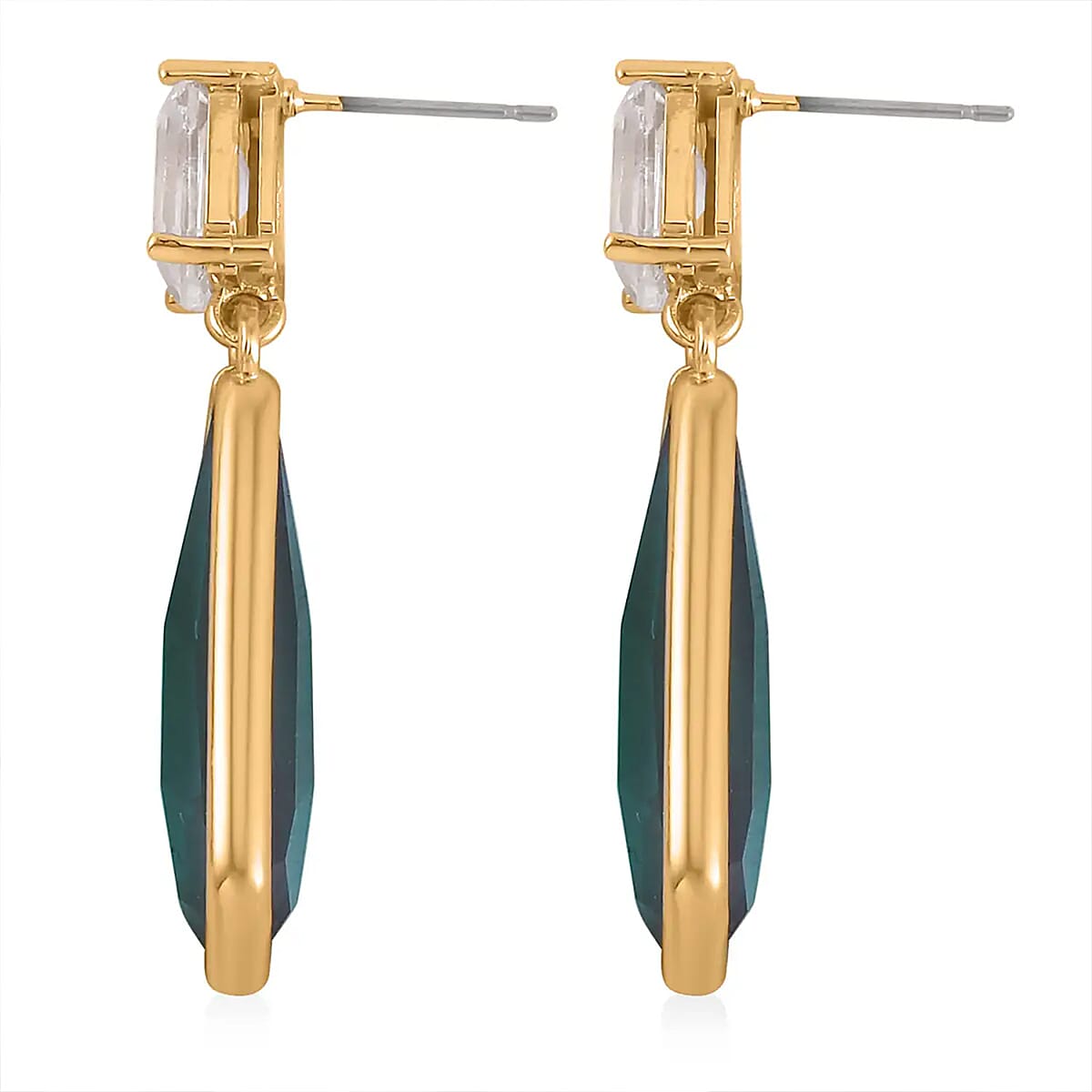 Dark Green and White Glass Pear Shape Drop Earrings in Goldtone image number 8