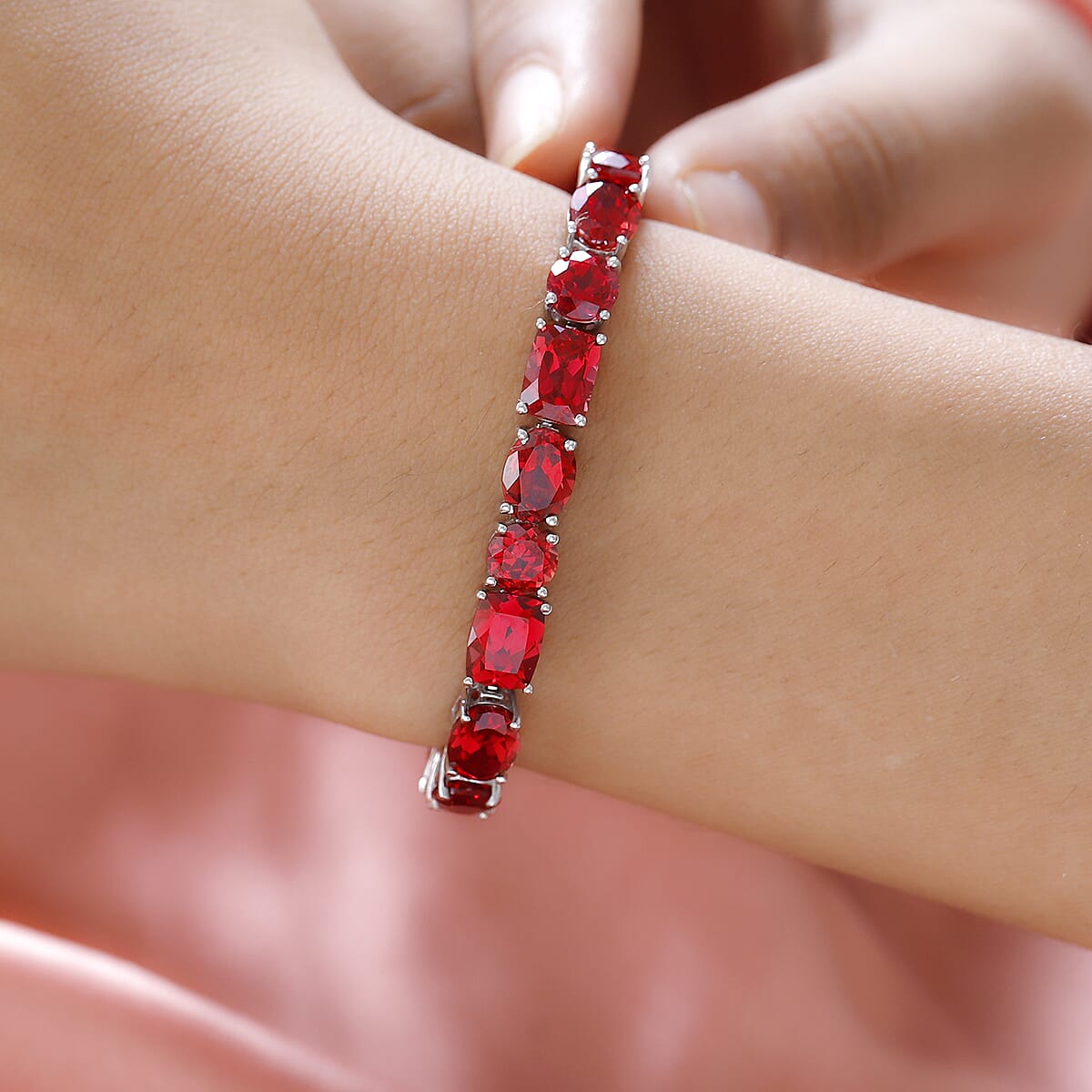 Lab Created Padparadscha Sapphire Tennis Bracelet in Platinum Over Sterling Silver (8.00 In) 47.15 ctw image number 2
