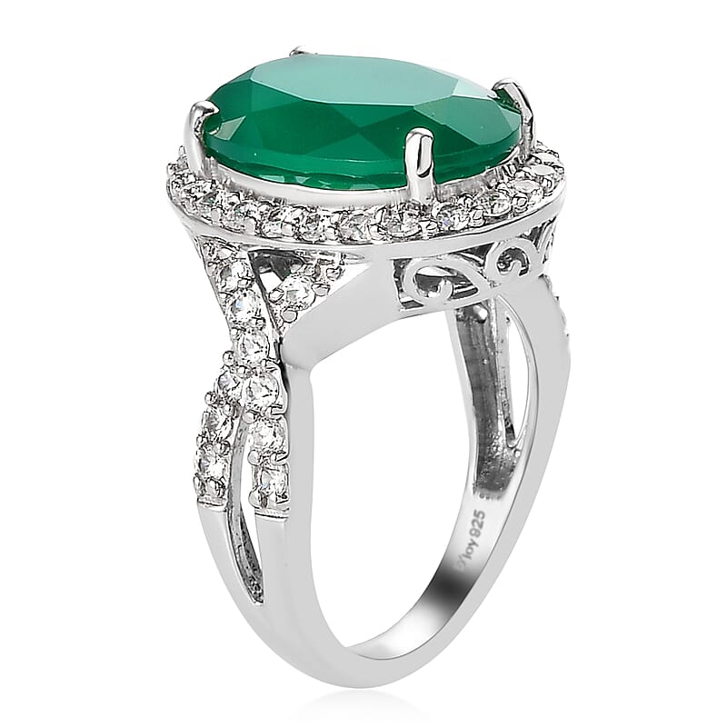 Verde Onyx and Natural White Zircon Ring in Platinum Over Sterling Silver (Size 6.0) 5.75 ctw