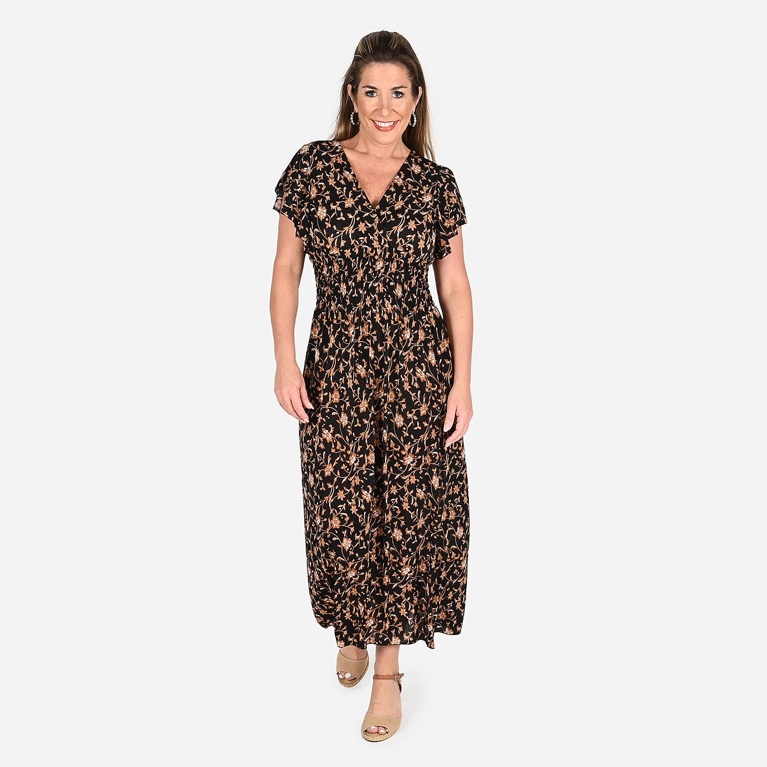 Tamsy Black Baroque Smocked Waist Maxi Dress with Flutter Sleeve