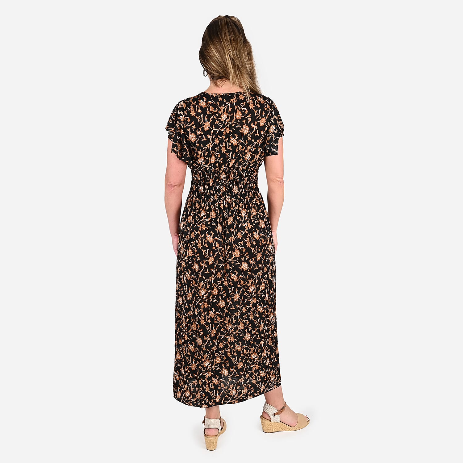 Tamsy Black Baroque Smocked Waist Maxi Dress with Flutter Sleeve