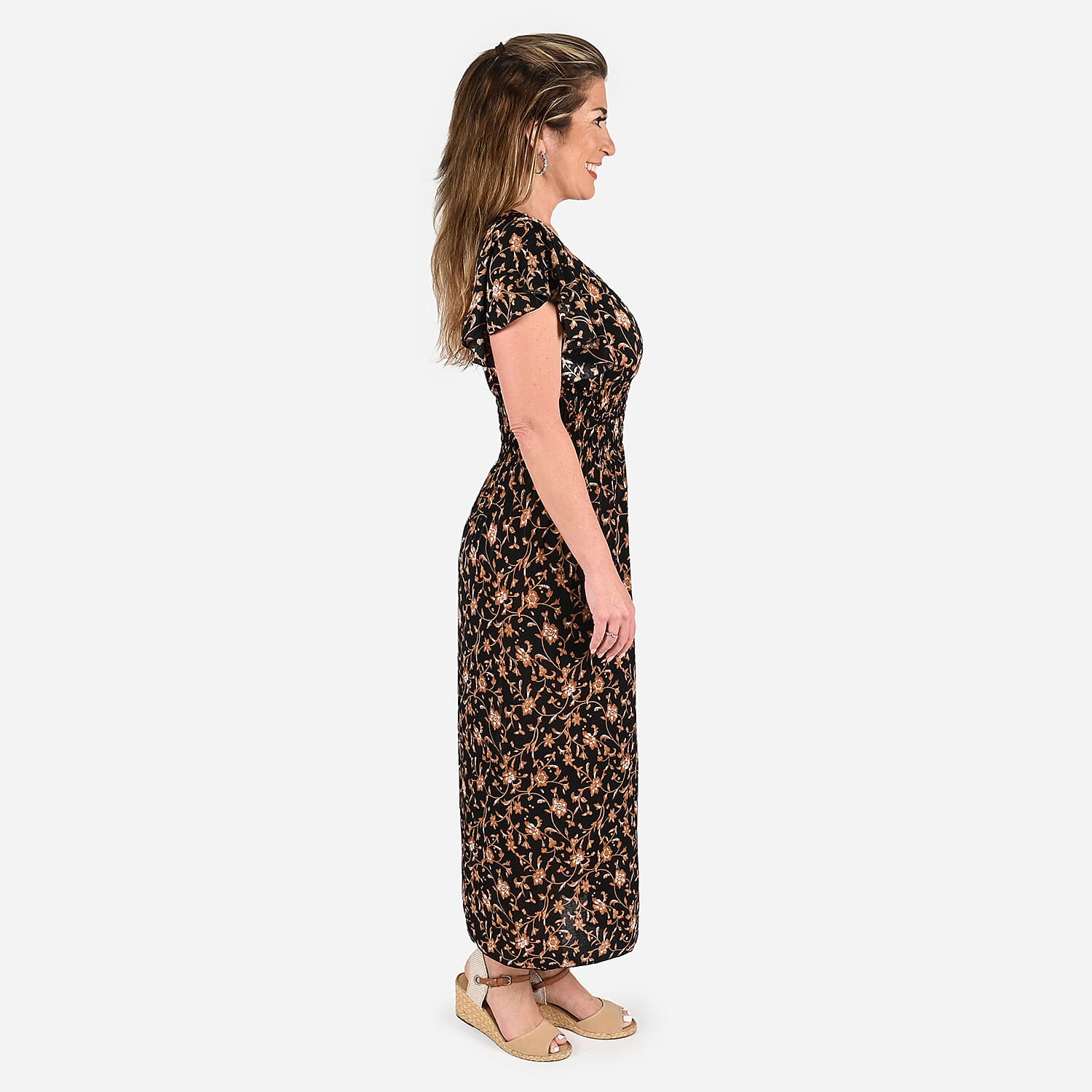 Tamsy Black Baroque Smocked Waist Maxi Dress with Flutter Sleeve
