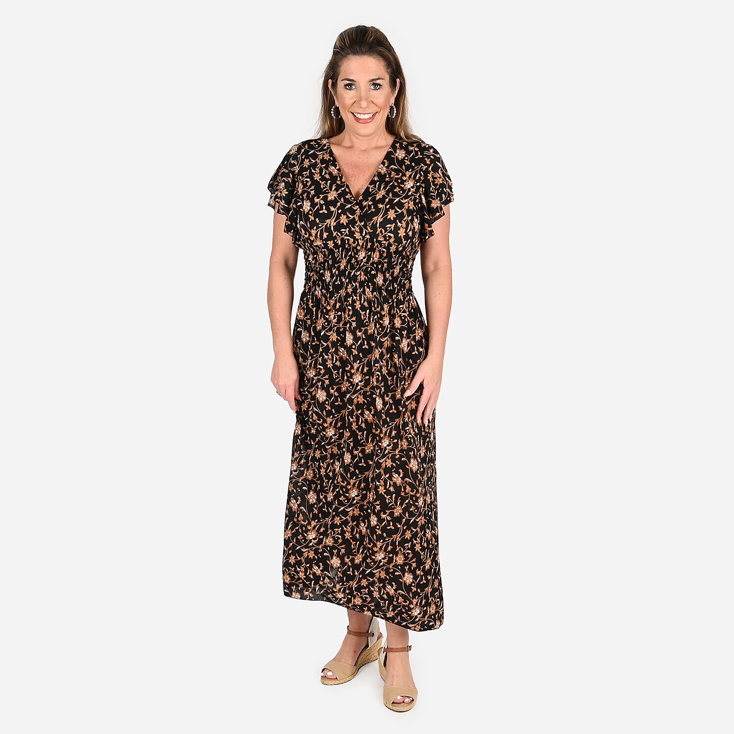 Tamsy Black Baroque Smocked Waist Maxi Dress with Flutter Sleeve