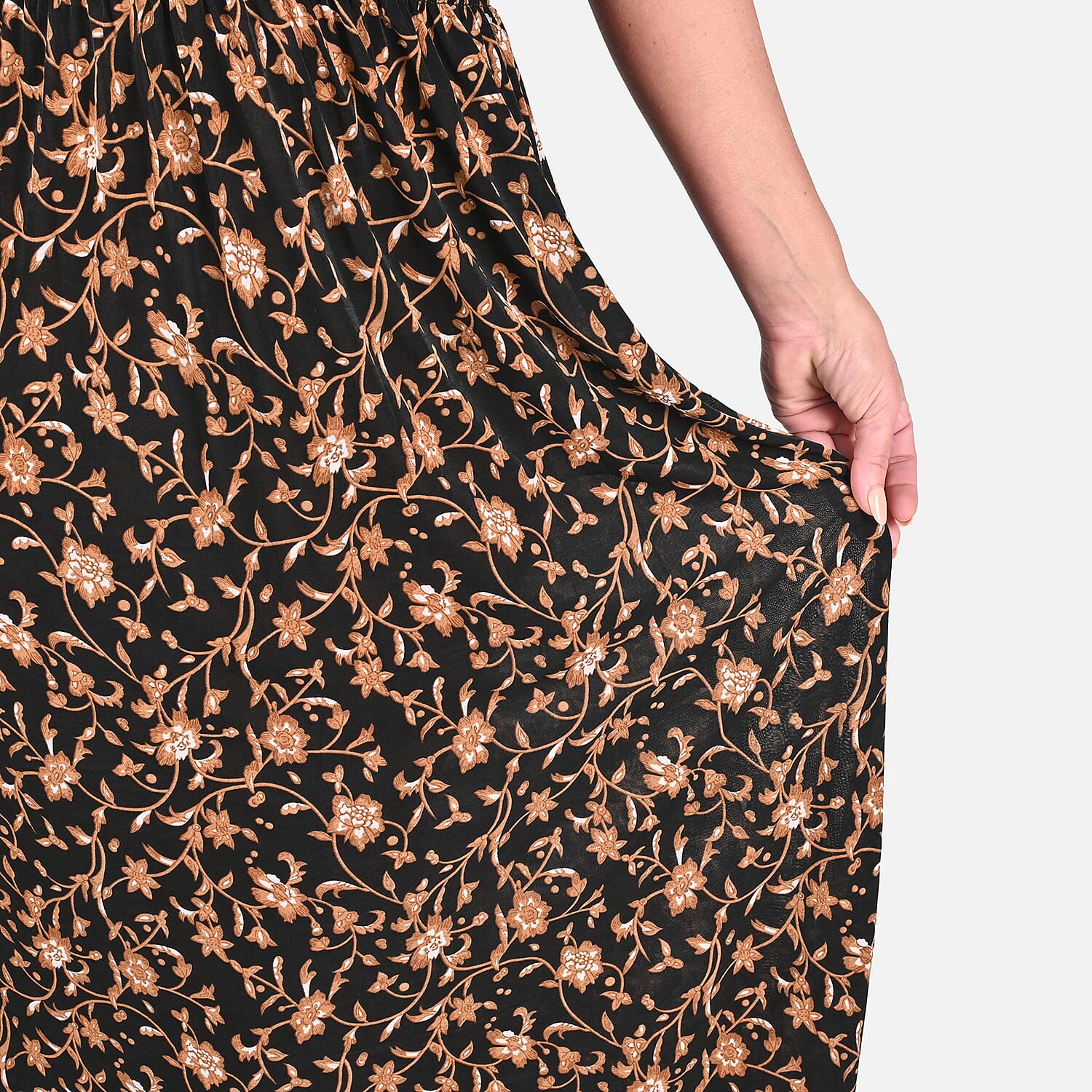 Tamsy Black Baroque Smocked Waist Maxi Dress with Flutter Sleeve