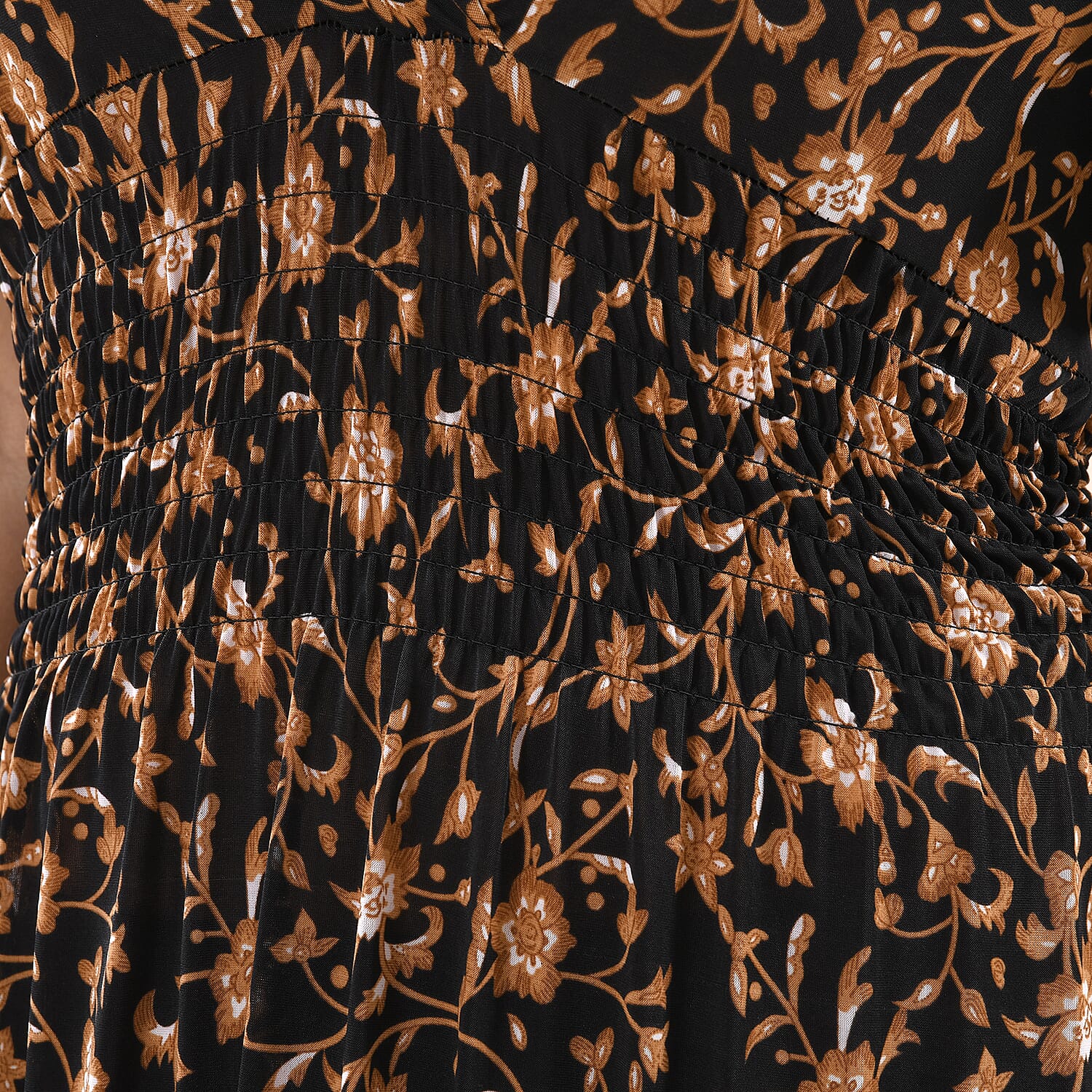 Tamsy Black Baroque Smocked Waist Maxi Dress with Flutter Sleeve