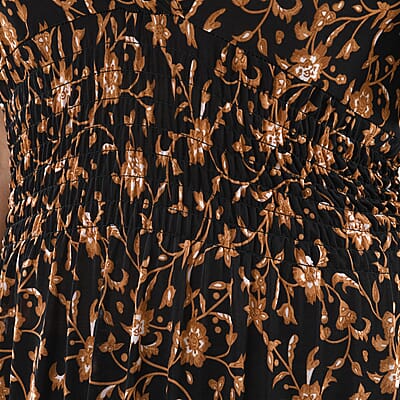 Tamsy Black Baroque Smocked Waist Maxi Dress with Flutter Sleeve