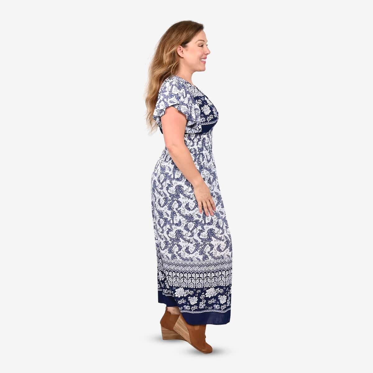 Tamsy Blue Bandana Smocked Waist Maxi Dress with Flutter Sleeve image number 2