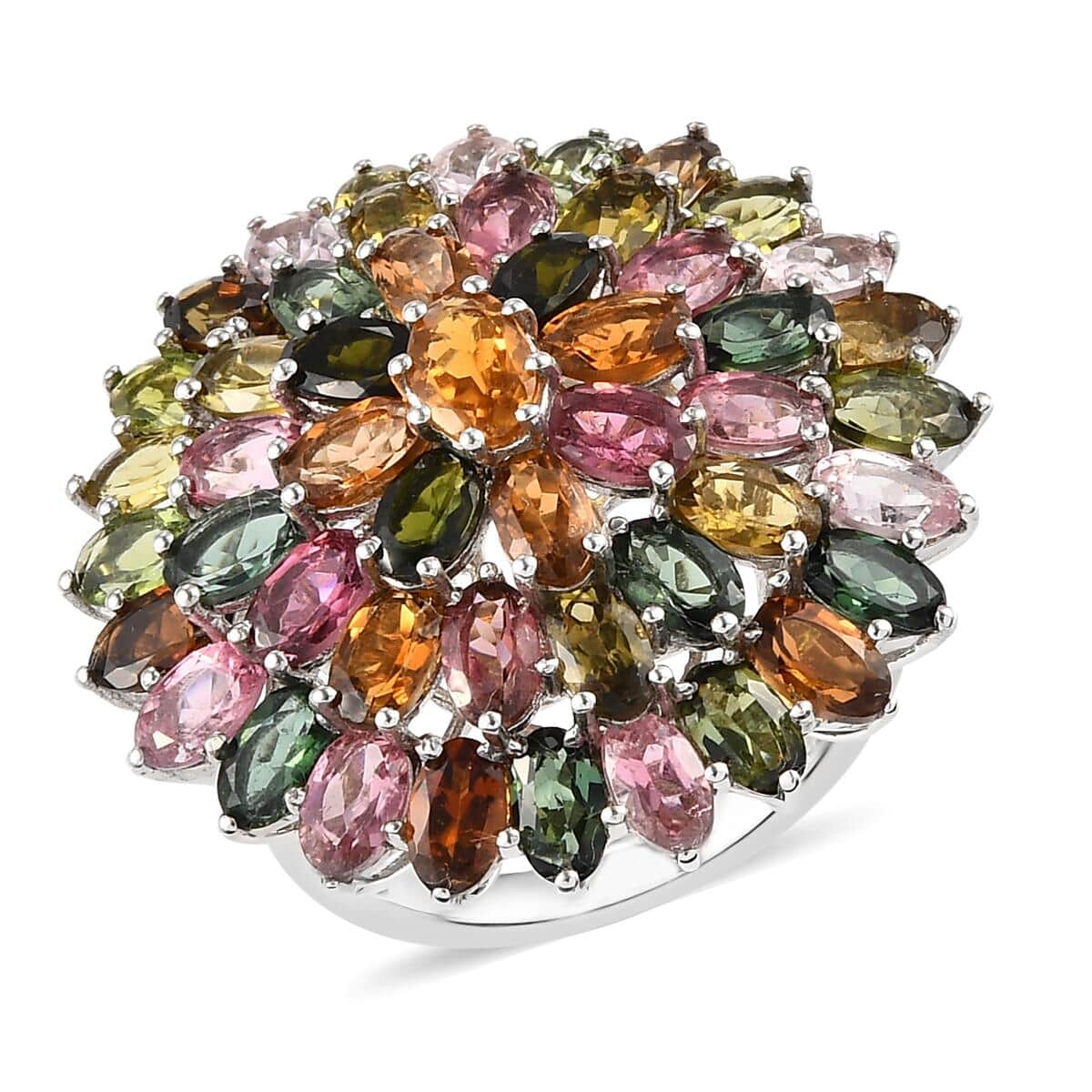 Valentine Special Deal Multi-Tourmaline Cluster Ring in Platinum Over Sterling Silver (Size 8.0) 7.80 Grams 10.90 ctw image number 0