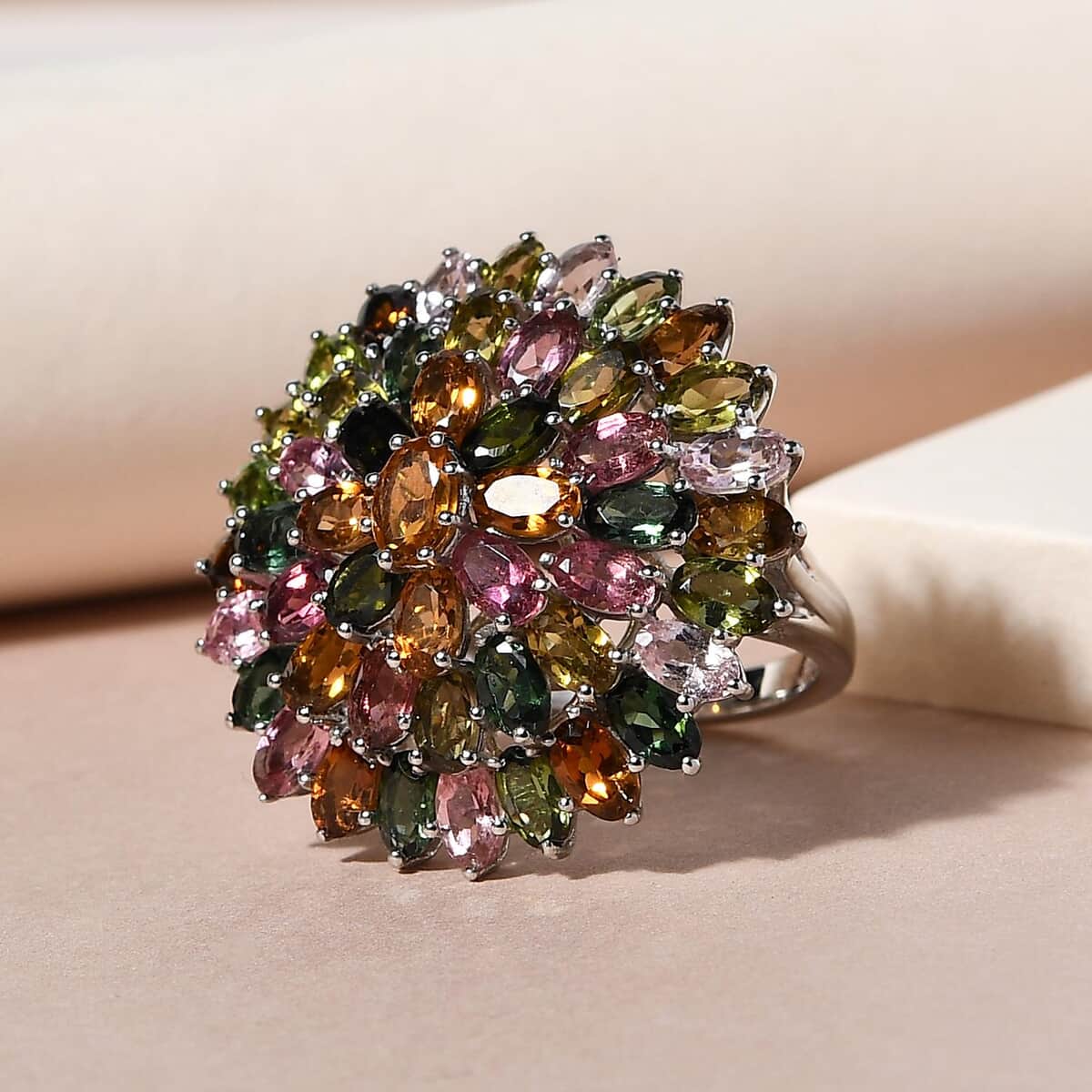 Valentine Special Deal Multi-Tourmaline Cluster Ring in Platinum Over Sterling Silver (Size 8.0) 7.80 Grams 10.90 ctw image number 1