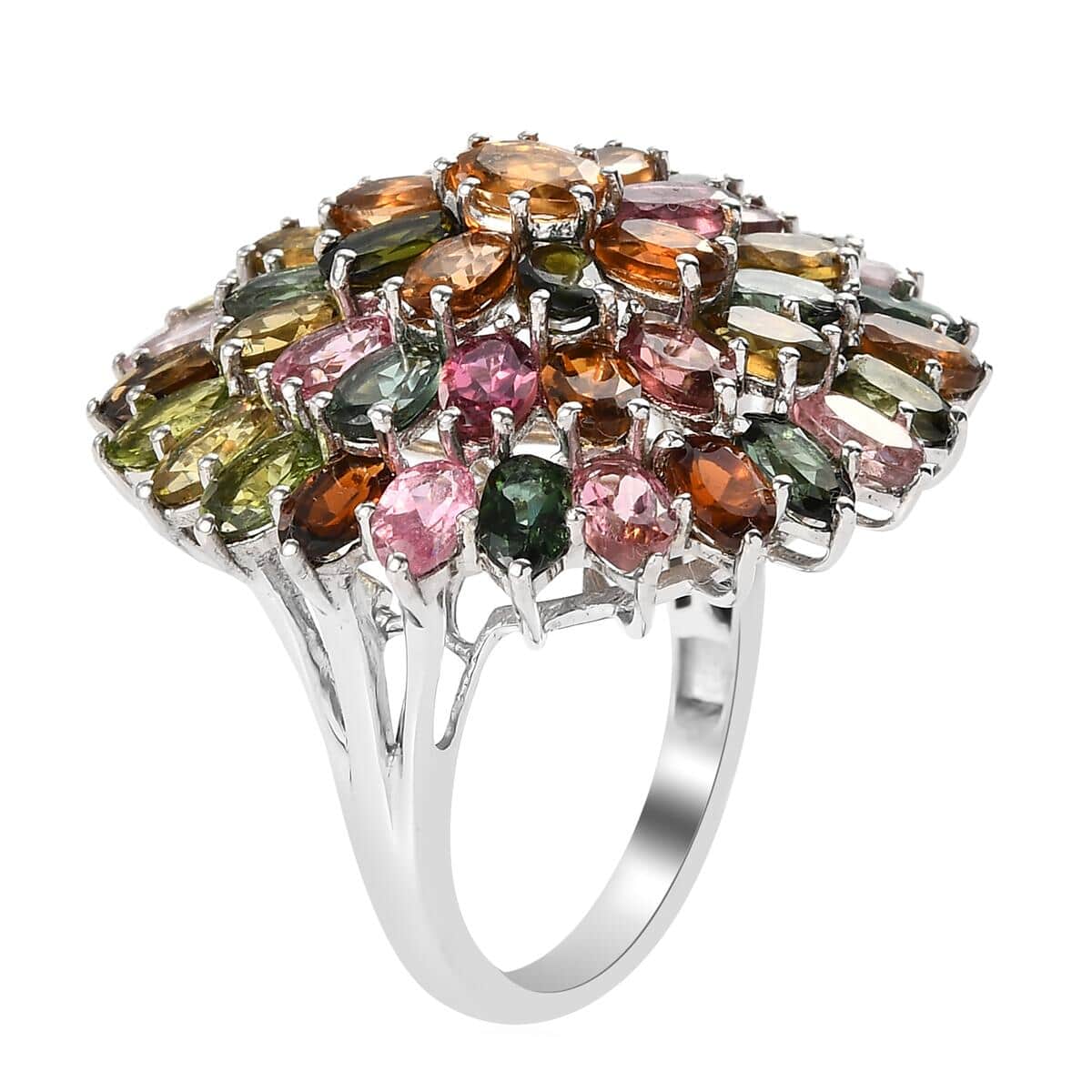 Valentine Special Deal Multi-Tourmaline Cluster Ring in Platinum Over Sterling Silver (Size 8.0) 7.80 Grams 10.90 ctw image number 3