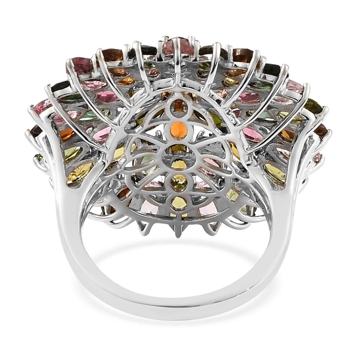 Valentine Special Deal Multi-Tourmaline Cluster Ring in Platinum Over Sterling Silver (Size 8.0) 7.80 Grams 10.90 ctw image number 4