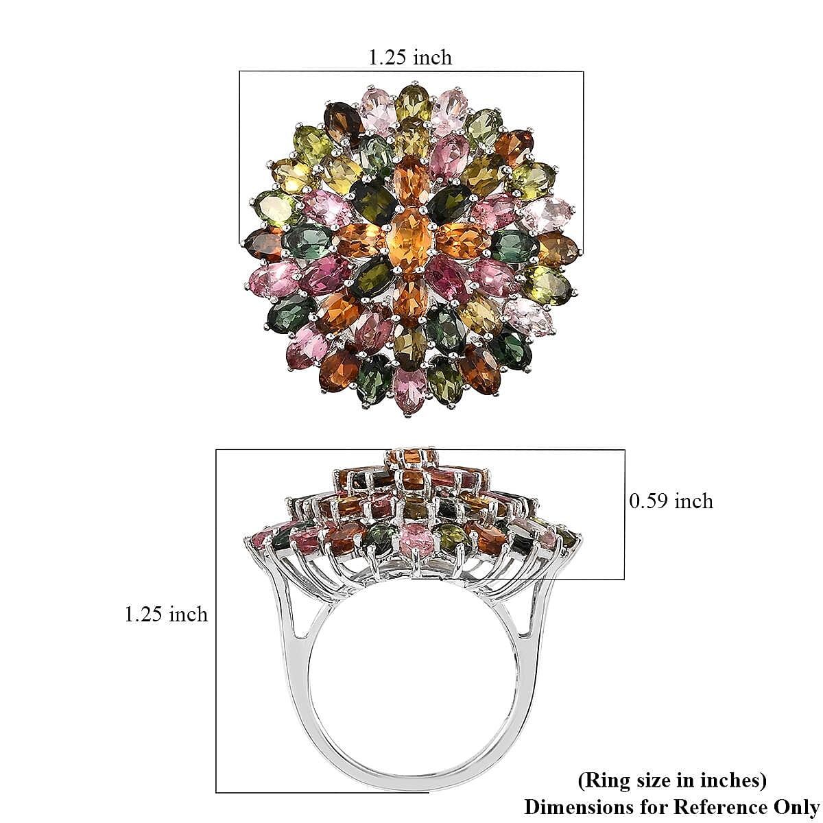 Multi-Tourmaline Floral Ring in Platinum Over Sterling Silver (Size 10.0) 7.35 Grams 11.50 ctw