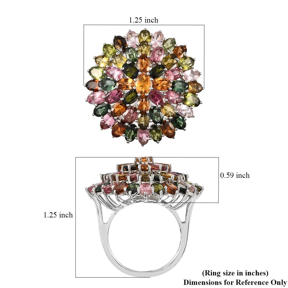 Valentine Special Deal Multi-Tourmaline Cluster Ring in Platinum Over Sterling Silver (Size 8.0) 7.80 Grams 10.90 ctw image number 5