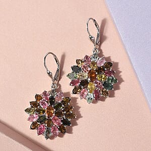 Multi-Tourmaline Floral Earrings in Platinum Over Sterling Silver 12.75 ctw