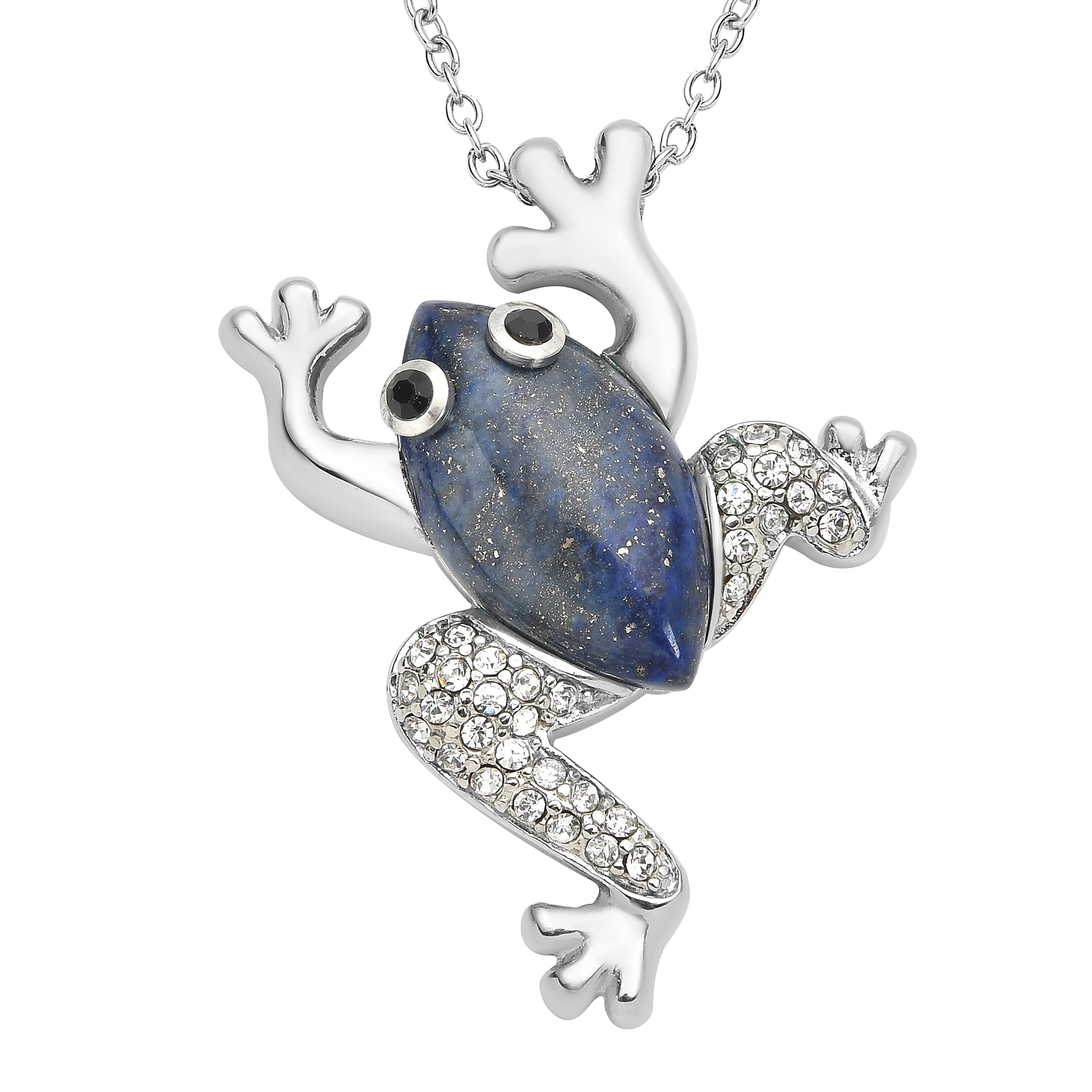 Lapis Lazuli and Black and White Austrian Crystal Frog Necklace 20 Inches in Stainless Steel 8.10 ctw