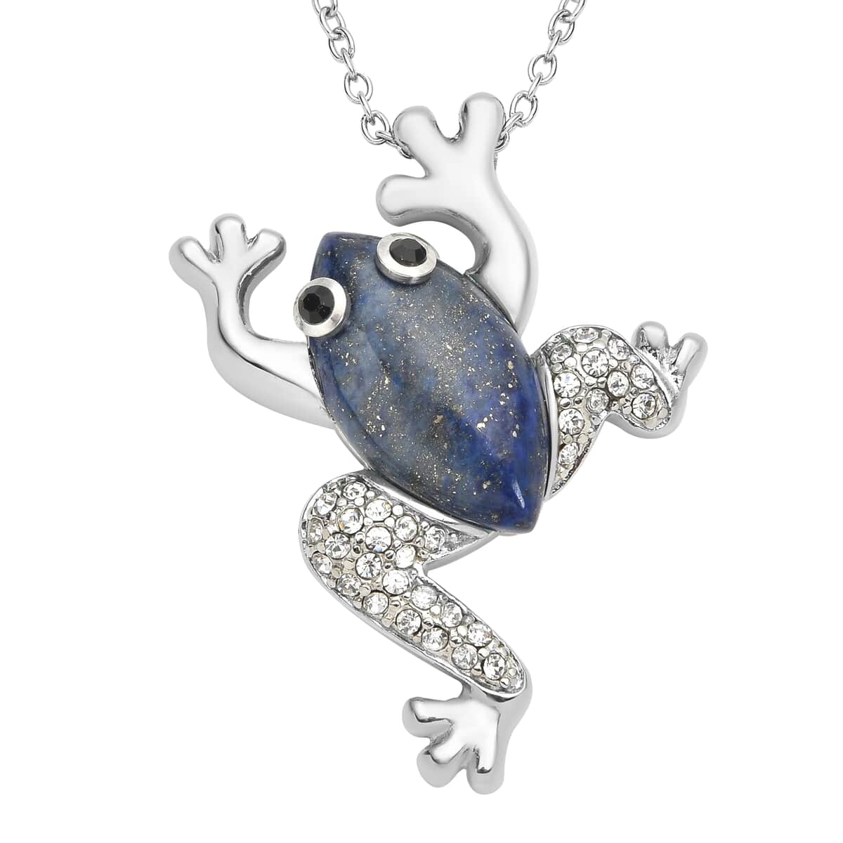 Lapis Lazuli and Black and White Austrian Crystal Frog Necklace 20 Inches in Stainless Steel 8.10 ctw image number 0