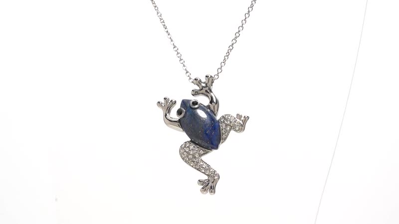Lapis Lazuli and Black and White Austrian Crystal Frog Necklace 20 Inches in Stainless Steel 8.10 ctw