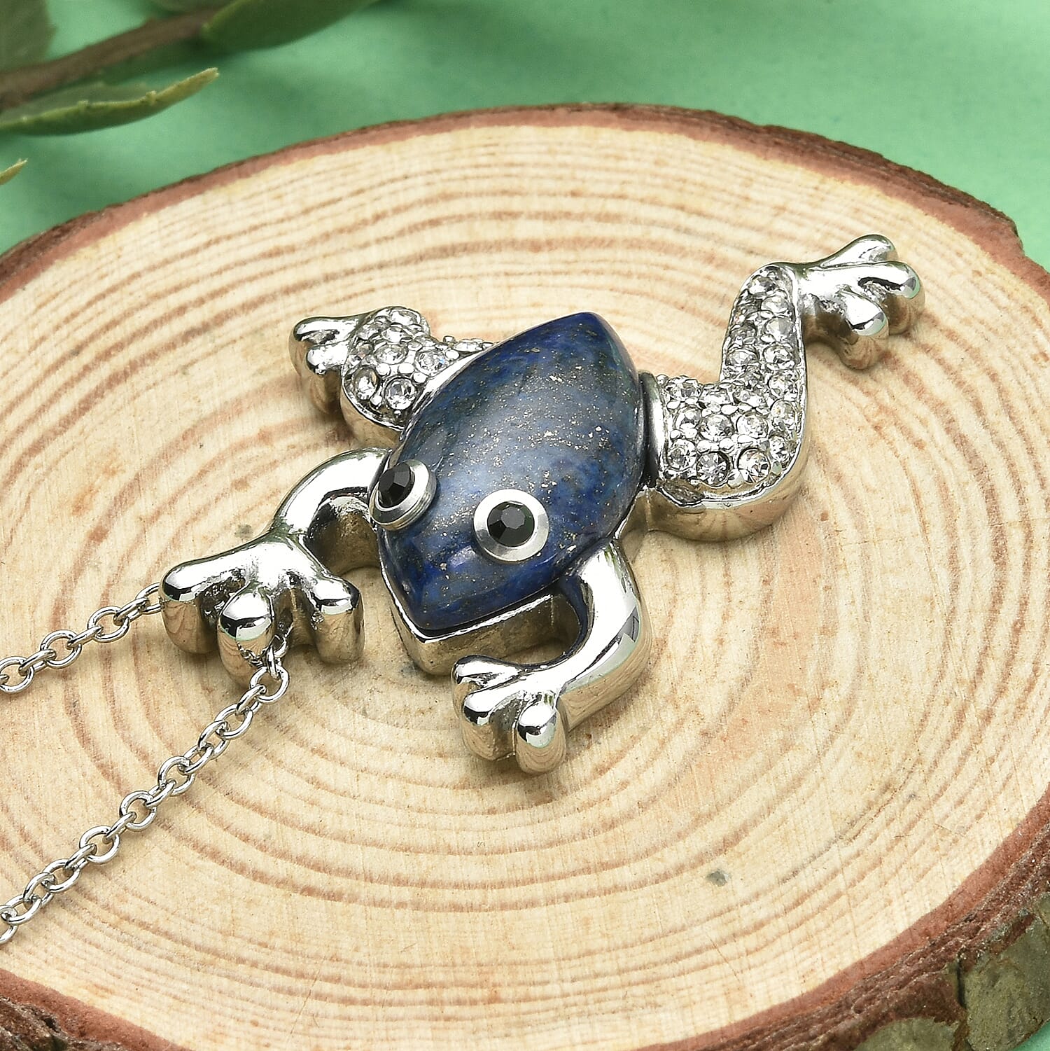 Lapis Lazuli and Black and White Austrian Crystal Frog Necklace 20 Inches in Stainless Steel 8.10 ctw