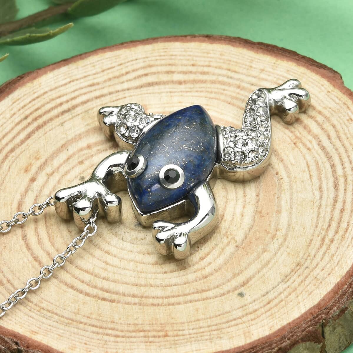 Lapis Lazuli and Black and White Austrian Crystal Frog Necklace 20 Inches in Stainless Steel 8.10 ctw image number 1