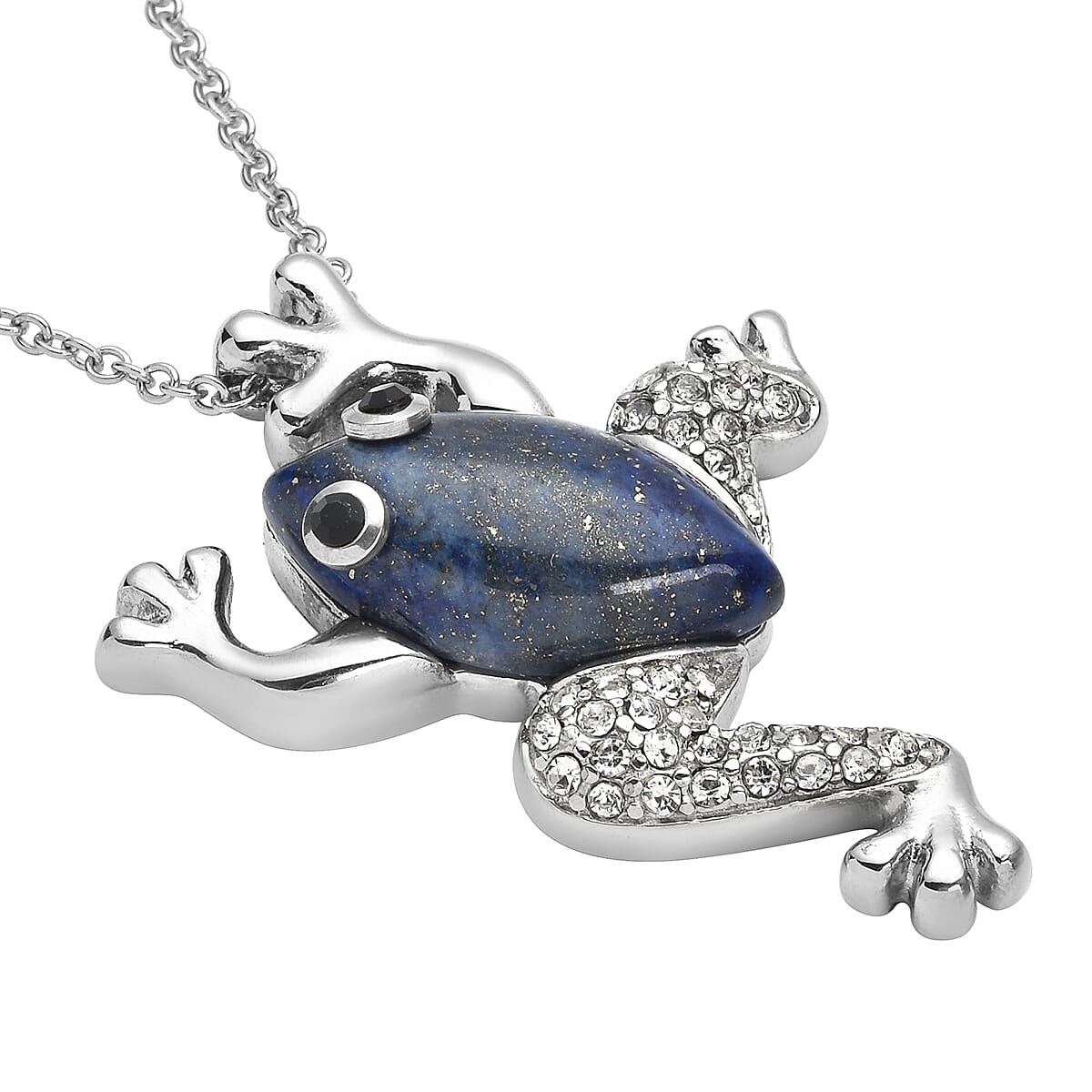 Lapis Lazuli and Black and White Austrian Crystal Frog Necklace 20 Inches in Stainless Steel 8.10 ctw
