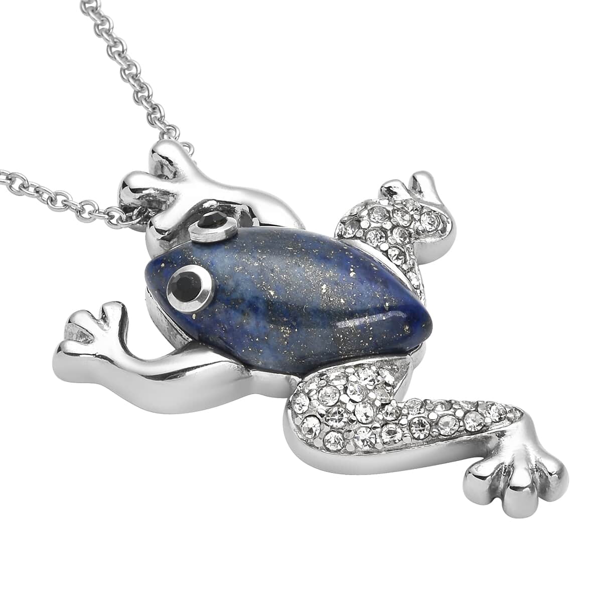 Lapis Lazuli and Black and White Austrian Crystal Frog Necklace 20 Inches in Stainless Steel 8.10 ctw image number 3