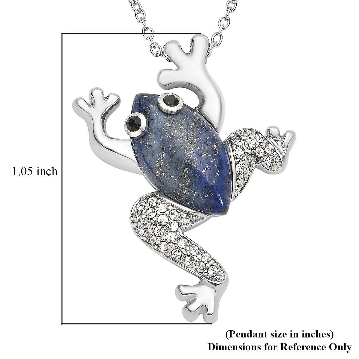 Lapis Lazuli and Black and White Austrian Crystal Frog Necklace 20 Inches in Stainless Steel 8.10 ctw