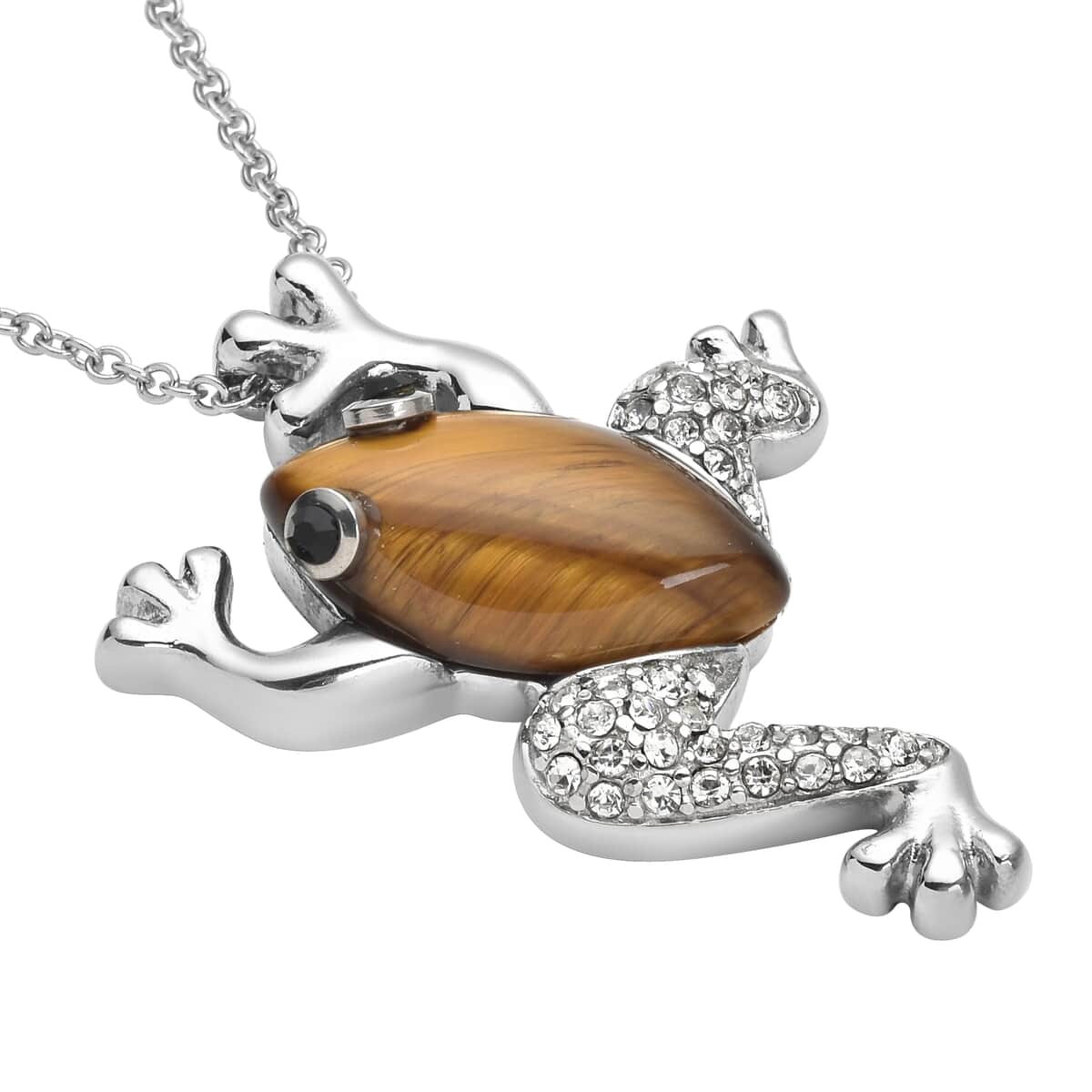 Tiger's Eye and Black and White Austrian Crystal Frog Necklace 20 Inches in Stainless Steel 8.10 ctw image number 3
