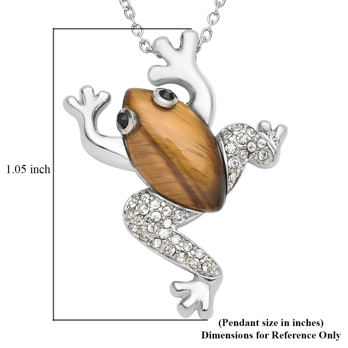 Tiger's Eye and Black and White Austrian Crystal Frog Necklace 20 Inches in Stainless Steel 8.10 ctw image number 4