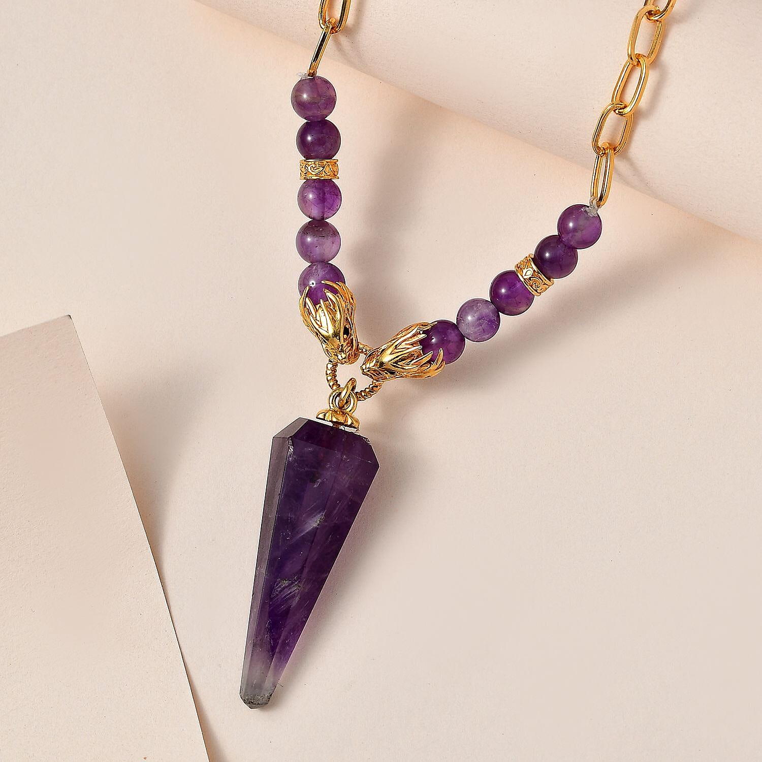 Karis African Amethyst and Thai Black Spinel Paper Clip Chain Dragon Necklace 18-20 Inches in 18K YG Plated 61.50 ctw