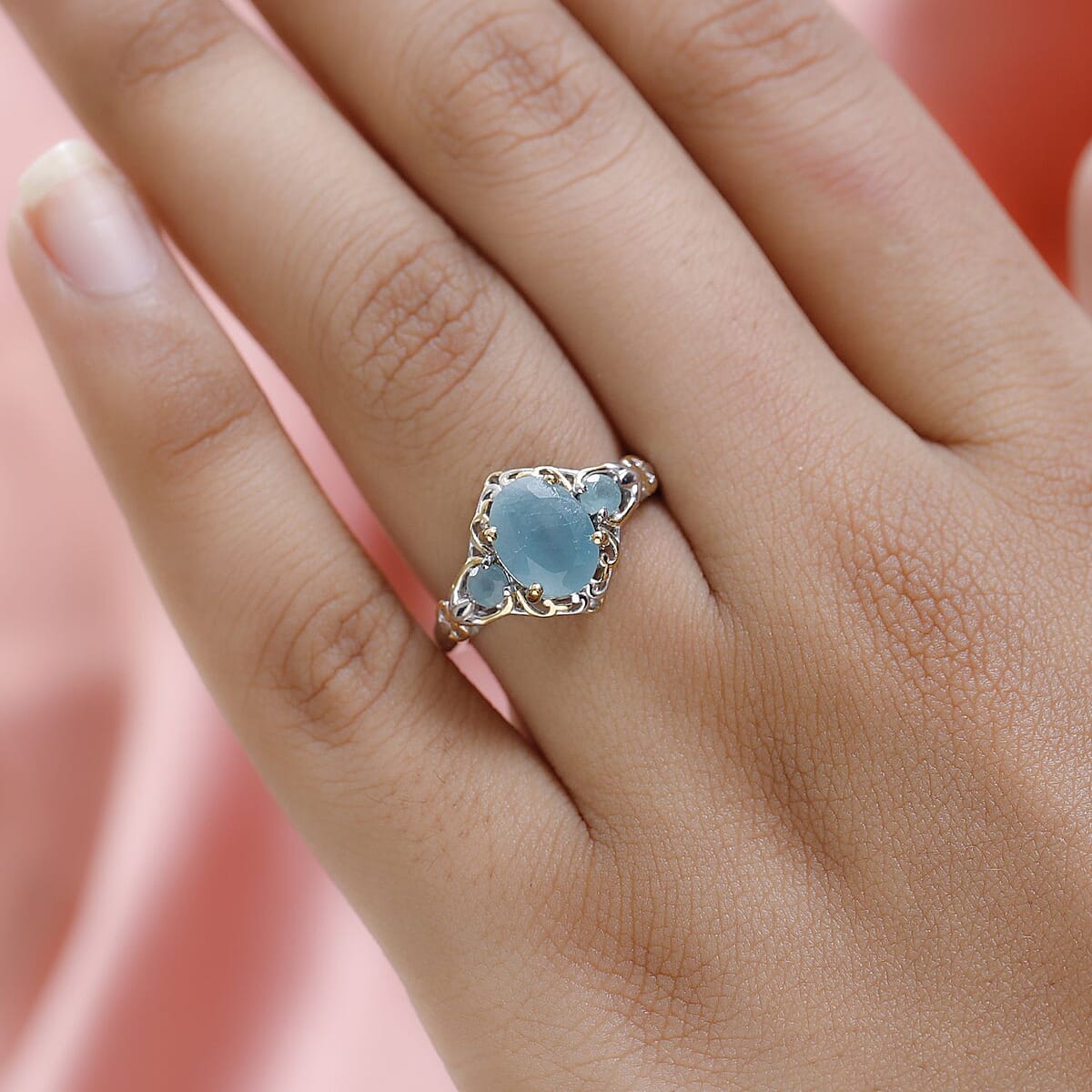 Grandidierite 3 Stone Ring in Vermeil Yelow Gold and Platinum Over Sterling Silver 2.15 ctw image number 2