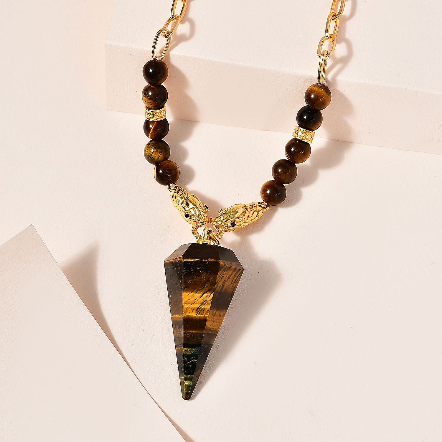 Karis Tigers Eye and Thai Black Spinel Paper Clip Chain Snake Necklace 18-20 Inches in 18K YG Plated 111.75 ctw