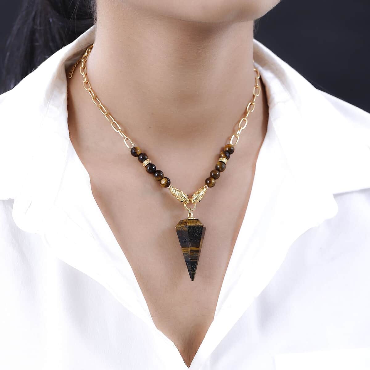 Karis Tigers Eye and Thai Black Spinel Paper Clip Chain Snake Necklace 18-20 Inches in 18K YG Plated 111.75 ctw image number 2