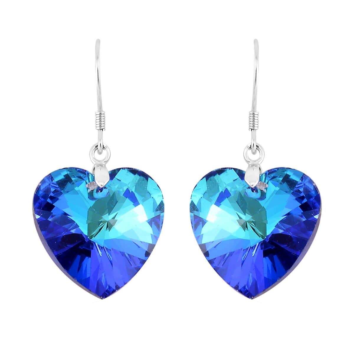 Simulated Blue Sapphire Heart Dangle Earrings in Rhodium Over Sterling Silver image number 0