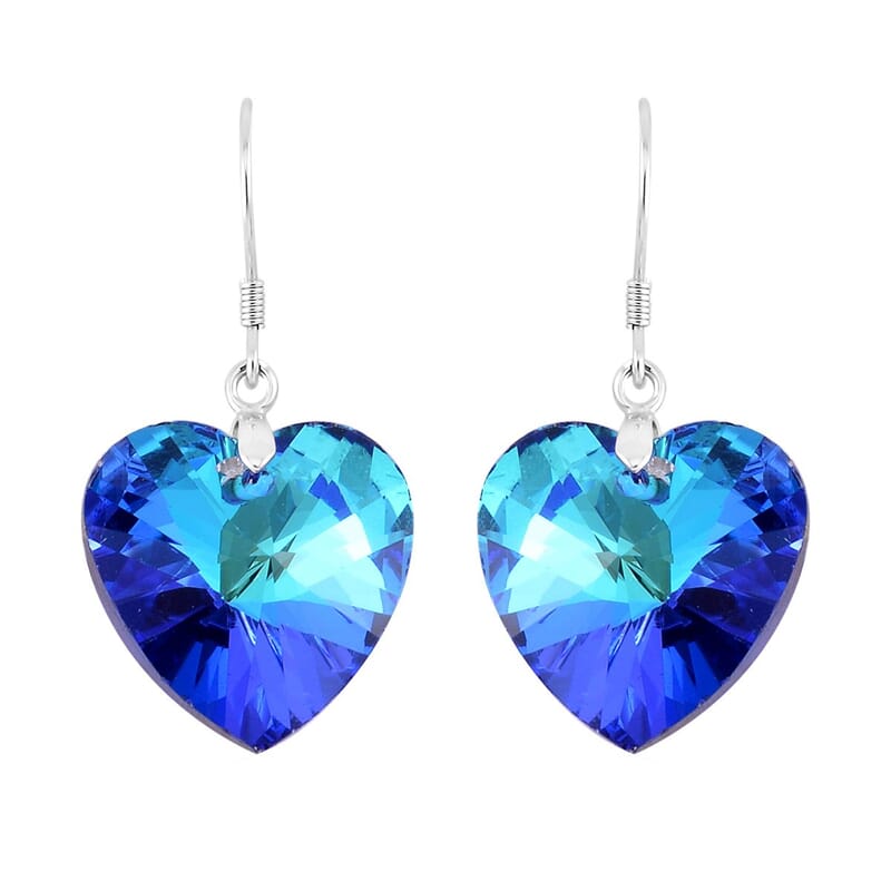 Simulated Blue Magic Color Quartz Heart Dangle Earrings in Rhodium Over Sterling Silver