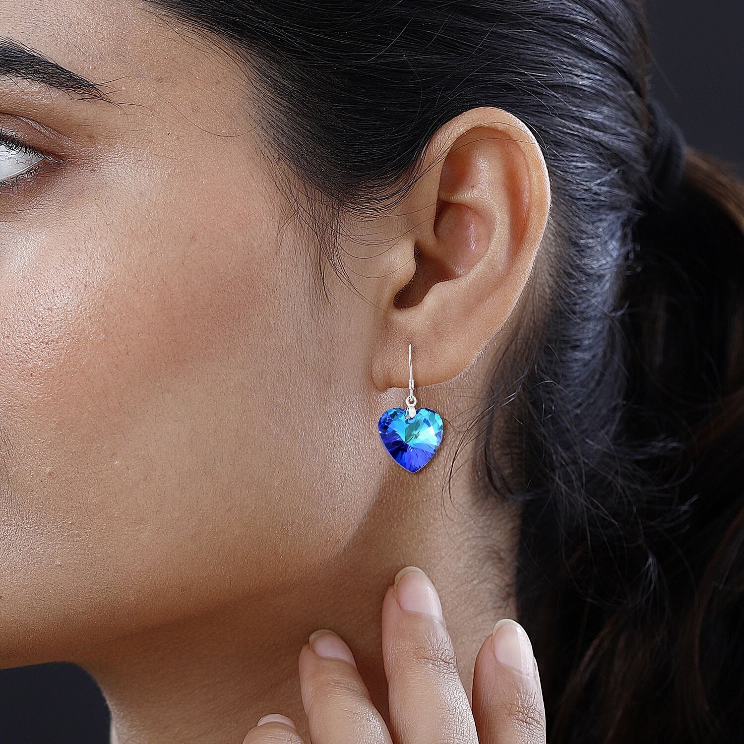 Simulated Blue Magic Color Quartz Heart Dangle Earrings in Rhodium Over Sterling Silver