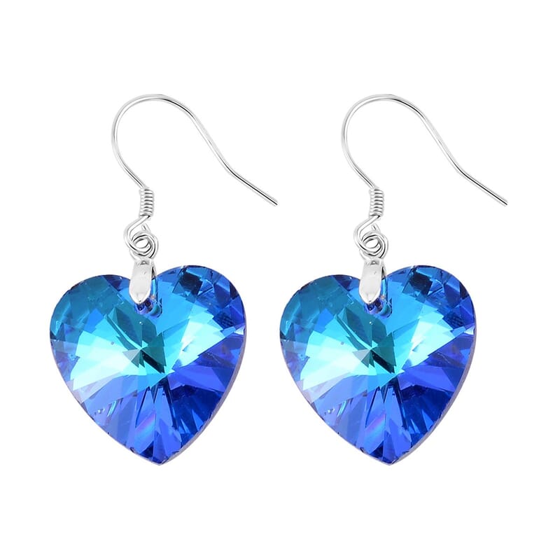 Simulated Blue Magic Color Quartz Heart Dangle Earrings in Rhodium Over Sterling Silver