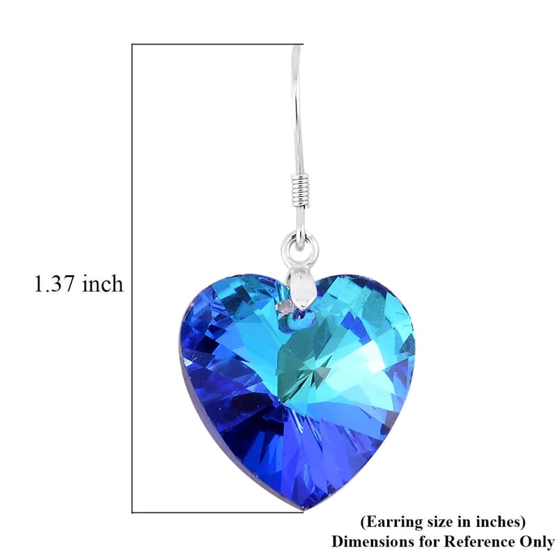 Simulated Blue Magic Color Quartz Heart Dangle Earrings in Rhodium Over Sterling Silver