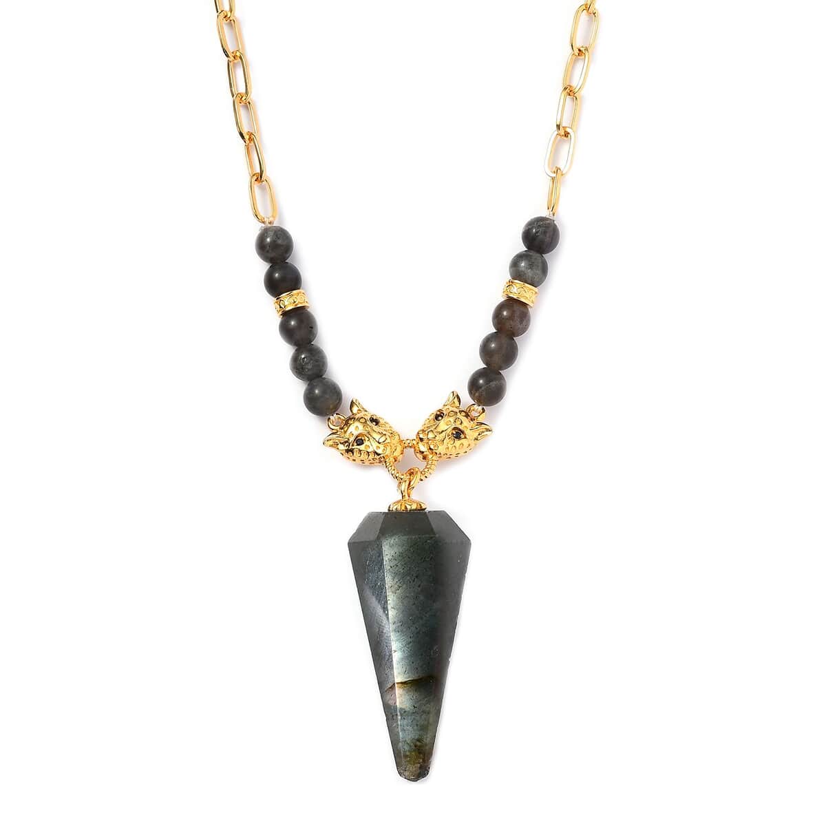 Karis Malagasy Labradorite and Thai Black Spinel Paper Clip Chain Jaguar Necklace 18-20 Inches in 18K YG Plated 66.50 ctw image number 0