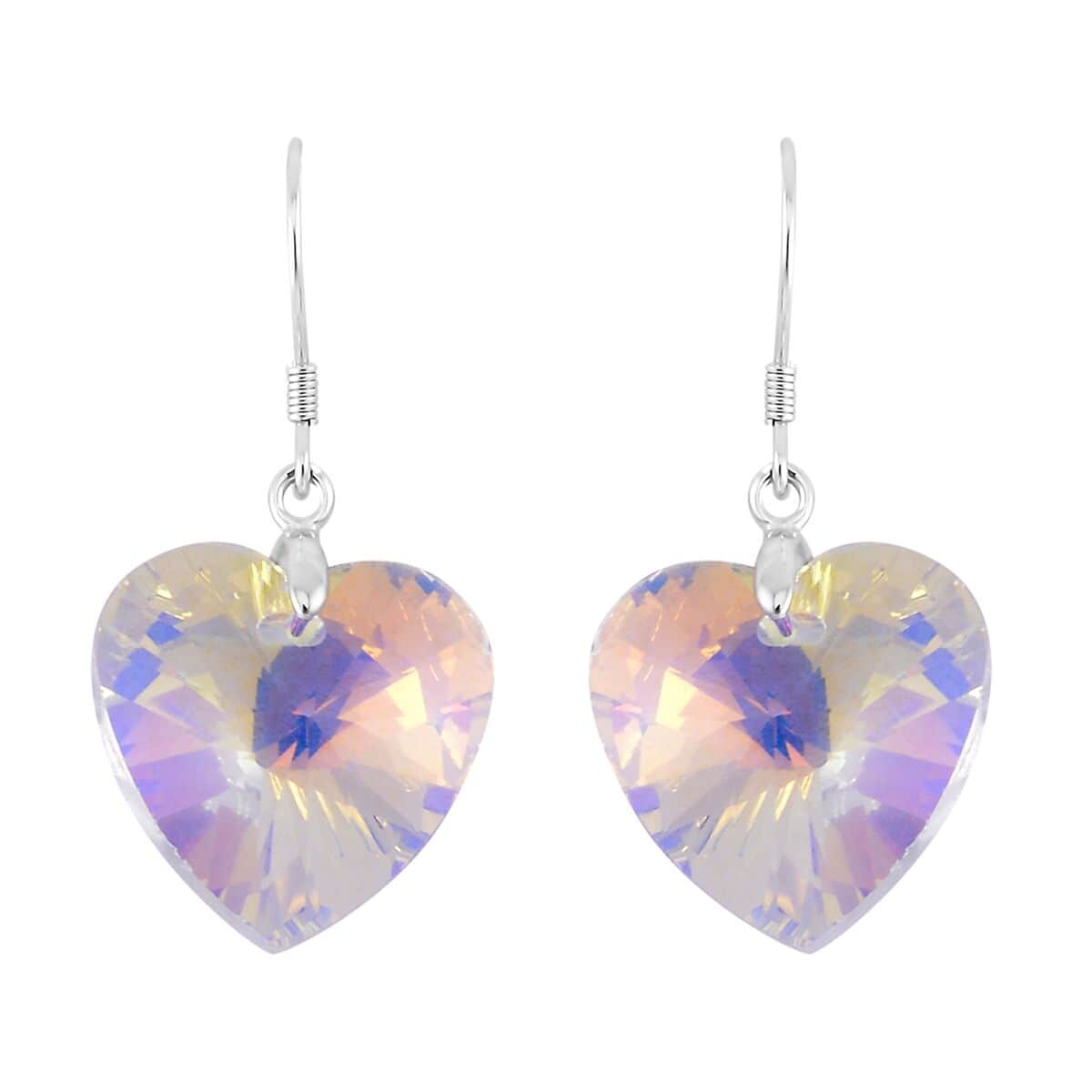 Simulated White Mystic Color Quartz Heart Dangle Earrings in Rhodium Over Sterling Silver image number 0