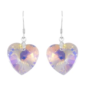 Simulated White Mystic Color Quartz Heart Dangle Earrings in Rhodium Over Sterling Silver