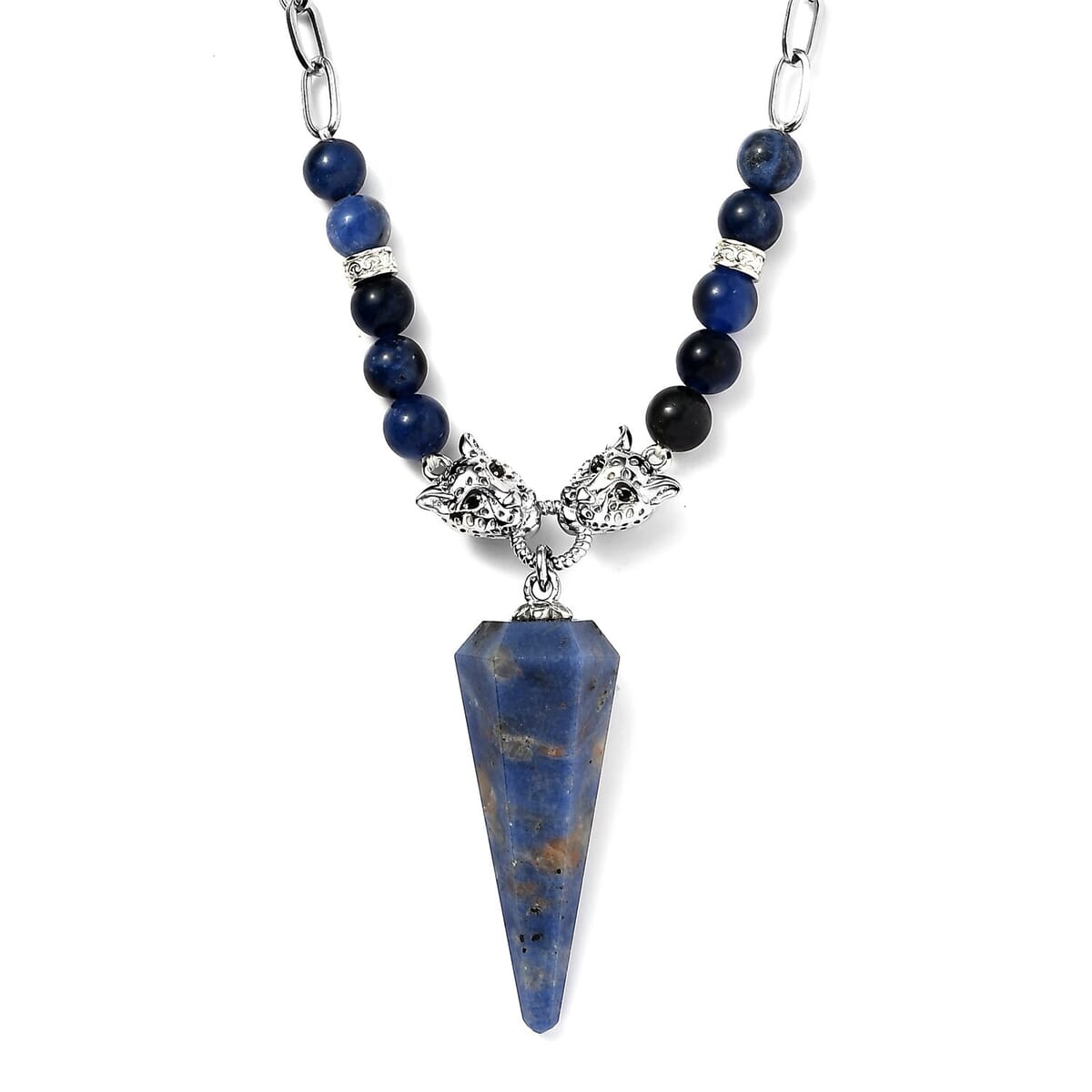 Karis Sodalite and Thai Black Spinel Paper Clip Chain Jaguar Necklace 18-20 Inches in Platinum Bond 58.50 ctw image number 0