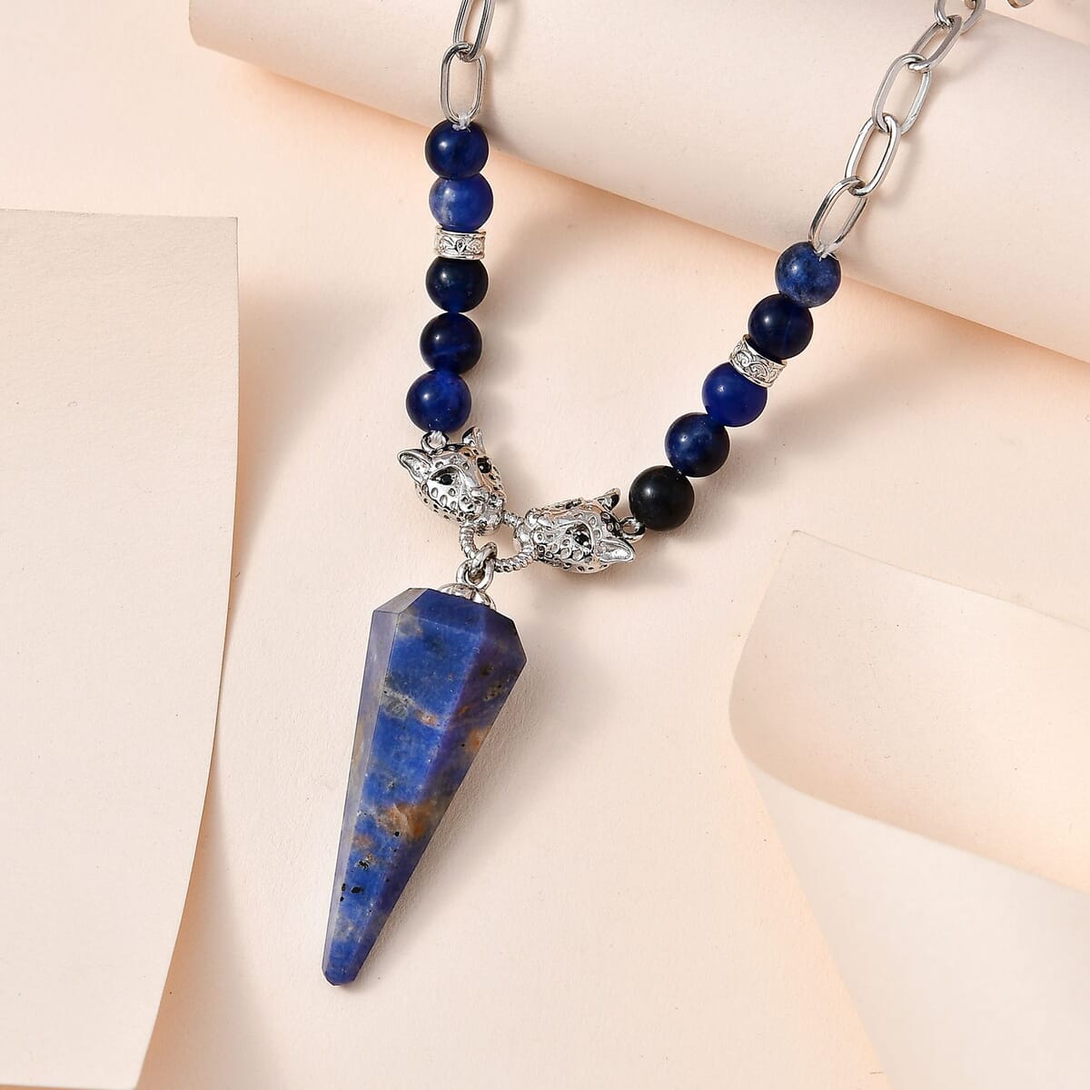 Karis Sodalite and Thai Black Spinel Paper Clip Chain Jaguar Necklace 18-20 Inches in Platinum Bond 58.50 ctw image number 1