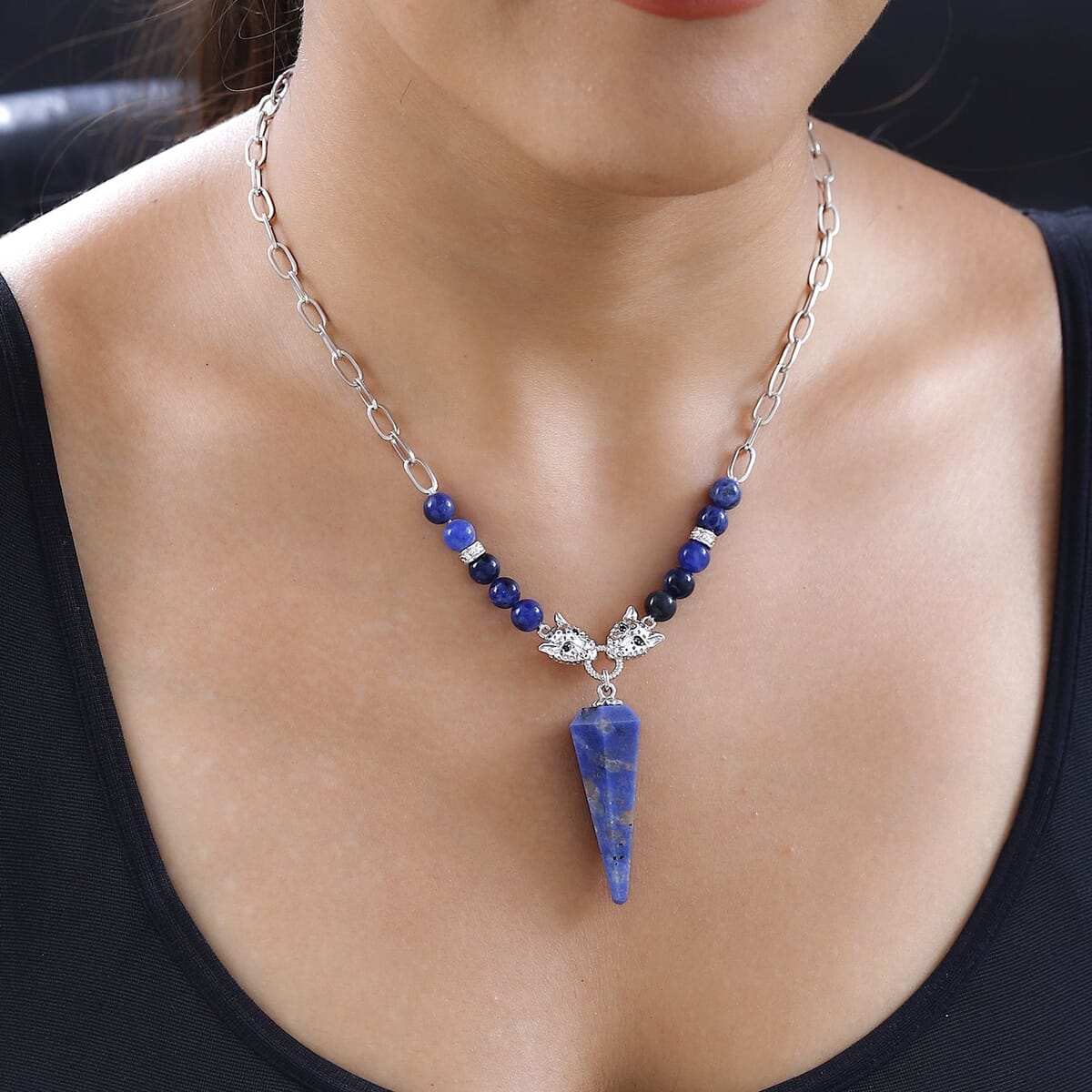 Karis Sodalite and Thai Black Spinel Paper Clip Chain Jaguar Necklace 18-20 Inches in Platinum Bond 58.50 ctw image number 2
