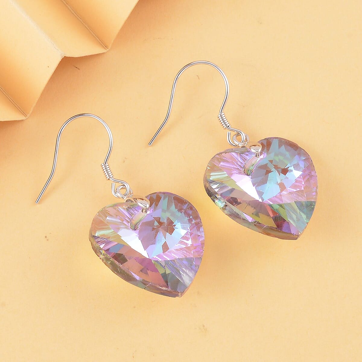 Simulated Pink Magic Color Quartz Heart Dangle Earrings in Rhodium Over Sterling Silver image number 1