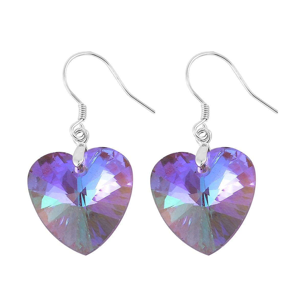 Simulated Pink Magic Color Quartz Heart Dangle Earrings in Rhodium Over Sterling Silver image number 3