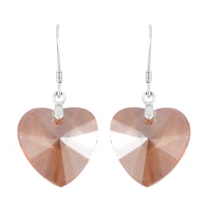 Simulated Champagne Color Quartz Heart Dangle Earrings in Rhodium Over Sterling Silver