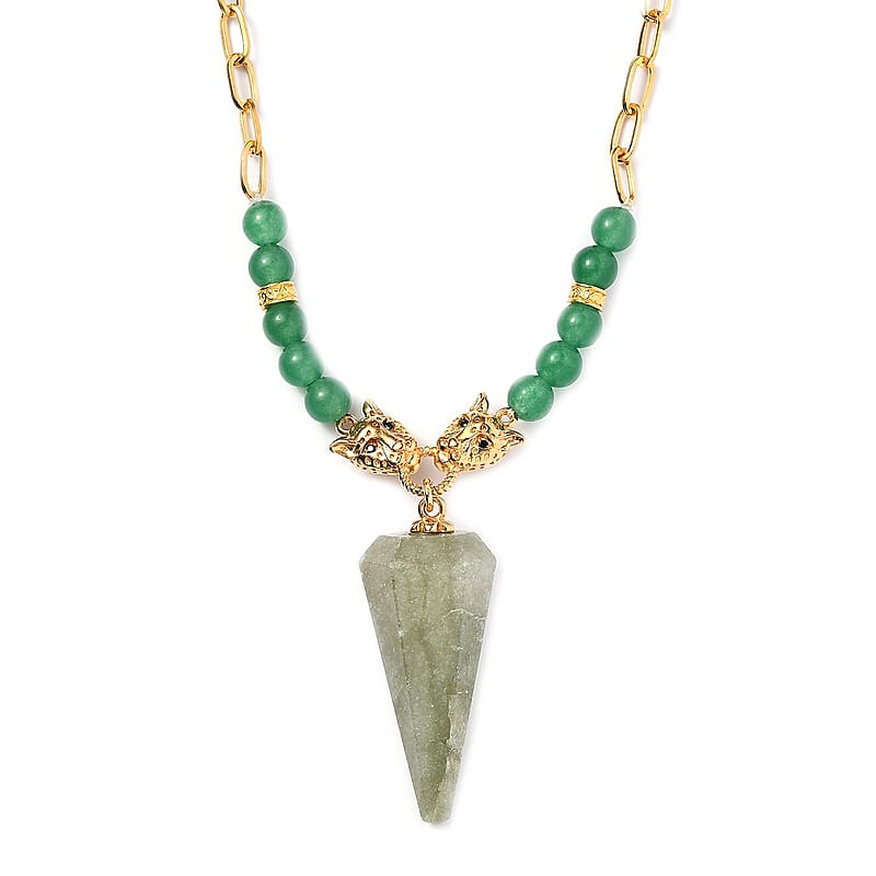 Karis Green Aventurine and Thai Black Spinel Paper Clip Chain Jaguar Necklace 18-20 Inches in 18K YG Plated 72.40 ctw