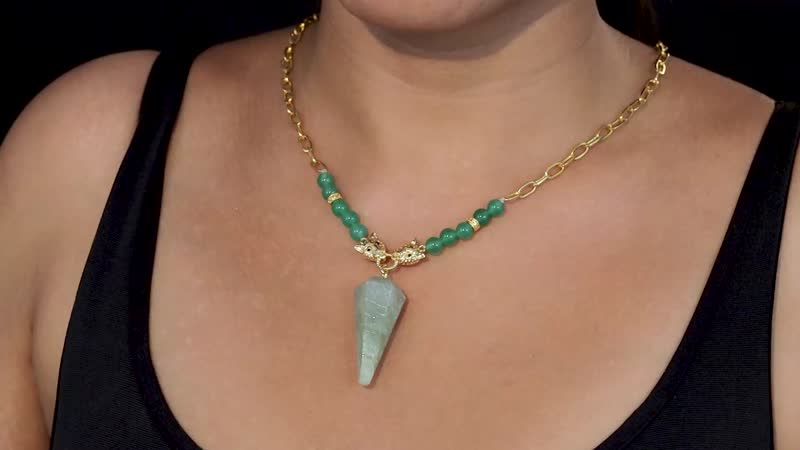 Karis Green Aventurine and Thai Black Spinel Paper Clip Chain Jaguar Necklace 18-20 Inches in 18K YG Plated 72.40 ctw