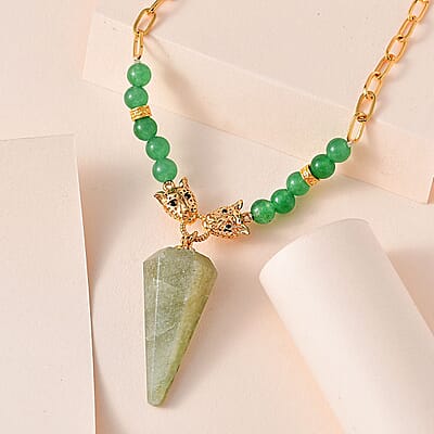 Karis Green Aventurine and Thai Black Spinel Paper Clip Chain Jaguar Necklace 18-20 Inches in 18K YG Plated 72.40 ctw