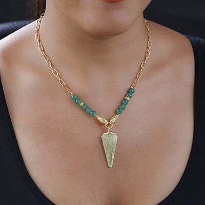 Karis Green Aventurine and Thai Black Spinel Paper Clip Chain Jaguar Necklace 18-20 Inches in 18K YG Plated 72.40 ctw